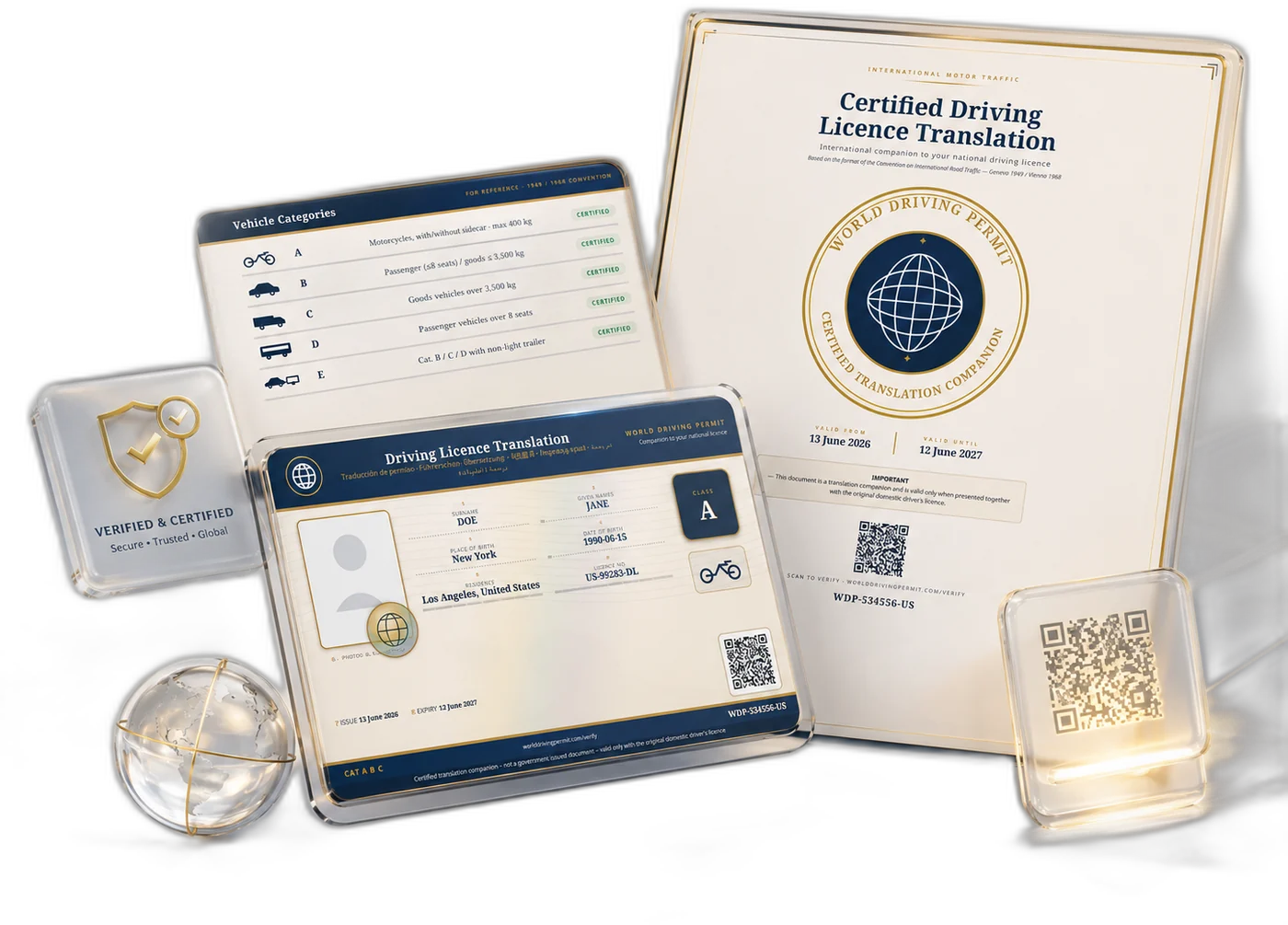Certified driving-licence translation set — wallet card, certificate and vehicle-category guide; a companion to present with your original licence